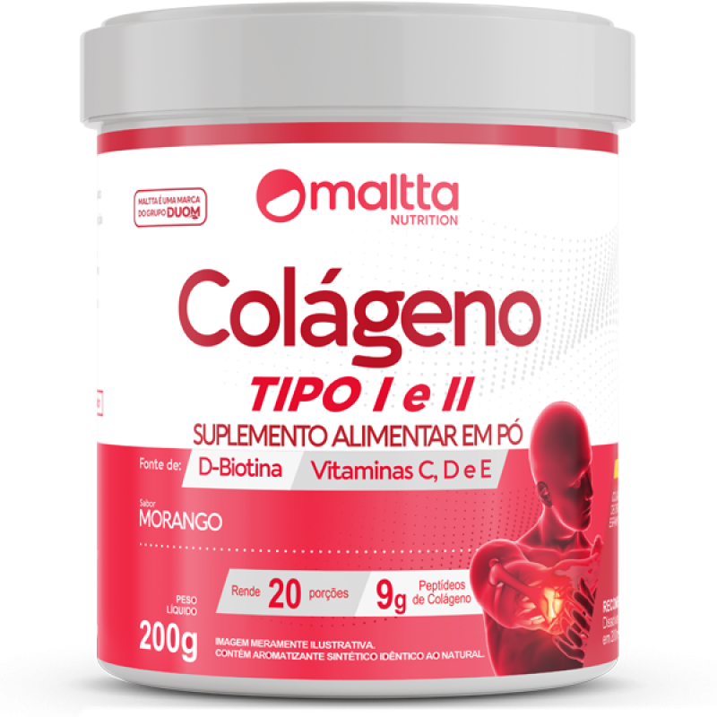 Colágeno Tipo 1 e 2 com Vitaminas Sabor Morango 200g 